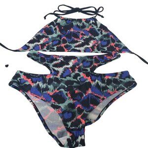 ASOS Bikini 8/10 Halter Cutout Highrise Bottom Leopard Print